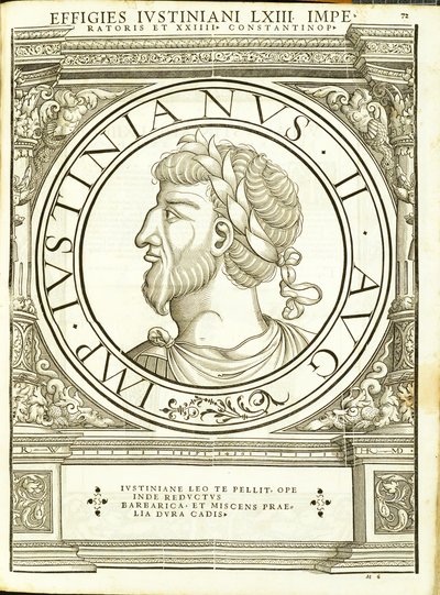 Giustiniano II, illustrazione da Imperatorum romanorum omnium orientalium et occidentalium verissimae imagines ex antiquis numismatis, xilografia di Rudolph Wyssenbach, stampata da Andreas Gesner, Zurigo da Hans Rudolf Manuel Deutsch